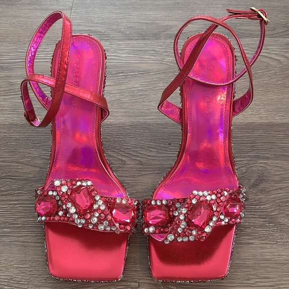 Azalea Wang Pink Rhinestone Heeled Sandals-7 - Picture 2 of 8
